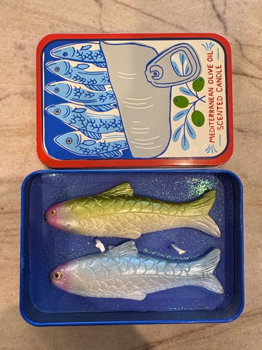 Viral Sardine Tin Mediterranean Olive Oil Scented Fish Candles - Green & Blue